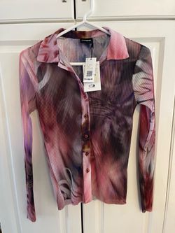 NWT Boho Pleated Sheer Desigual Button Down Blouse with Floral or Abstract Design - XS