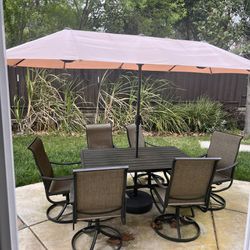 6 Person Outdoor Table With Large Double Sided Umbrella And Base