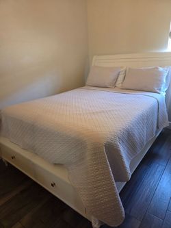 White Wood Bed Frame with Storage Drawers