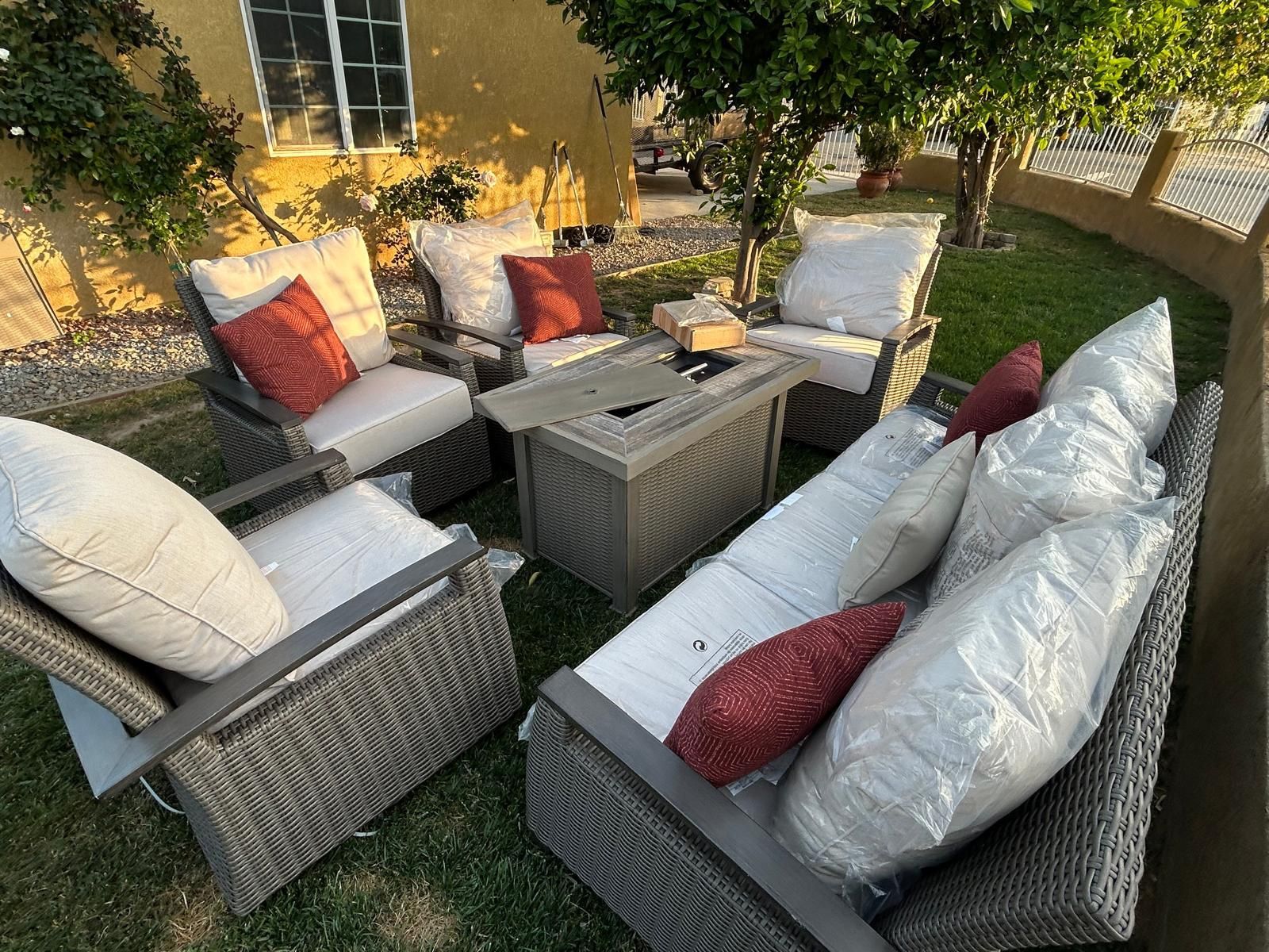 Brand New Patio Outdoor Furniture Set With Fire Pit Sunbrella Fabric