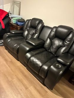 Black Leather Reclining Sofa with Console