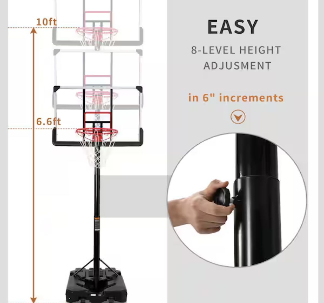 Portable Basketball Hoop & Goal with 44" Backboard, Outdoor Basketball 6.6-10 ft Adjustable Height for Youth, Adults