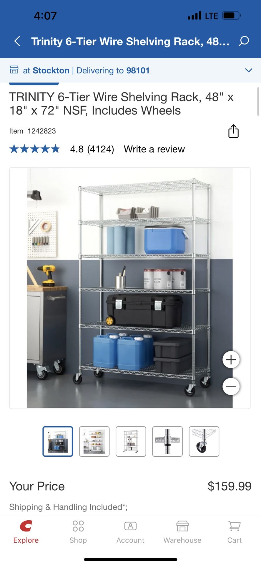 TRINITY 6-Tier Wire Shelving Rack, 48" x 18" x 72" NSF, Includes Wheels