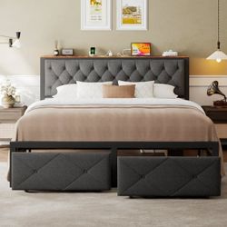 King Bed Frame with 2 Storage Drawers, Linen Upholstered Headboard Platform Bed with Charging Station, No Box Spring Needed, Metal Slats Support, Nois