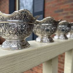 Vintage Repousse Silver SilverPlate Bowl Dish Ornate Stamped "Lion Shield Lion"