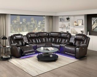 Brand new Stylish 3 Pc Brown Power reclining sectional w/LED light & Speakers