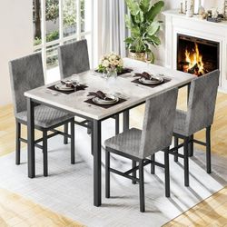 Dining Table Set for 4, Modern 5 Piece Dining Table Set, Faux Marble Kitchen Table and 4 Velvet Upholstered Chairs for Apartments, Dining Rooms