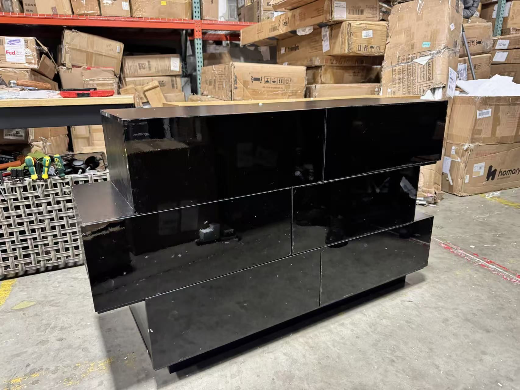 Black Drawer Dresser for Bedroom, Modern High Gloss Dresser with 6 Drawers 