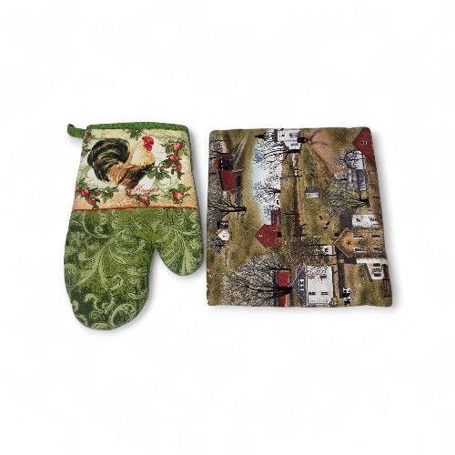 Mainstays Green Farmhouse Country Rooster Kitchen Pot Holder And Oven Mitt Set