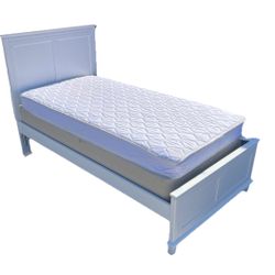 White XL Twin Bed Frame with Headboard, Footboard, Wood Base & Mattress