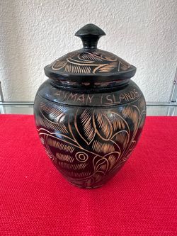 Vintage Cayman Islands Hand Carved Wood Lidded Jar Floral Leaf Storage Pot 7.5"