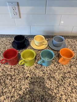 Set of 7 Fiesta HLC USA Mugs & Espresso Cups with Saucers - Mixed Vibrant Colors