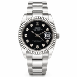 2009 Men's Rolex 36mm Oyster Perpetual DateJust Stainless Steel Watch with Black Diamond Dial and Fluted Bezel. (Pre-Owned 116200)