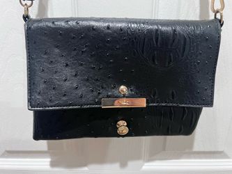Black ostrich, and croc embossed Crossbody bag