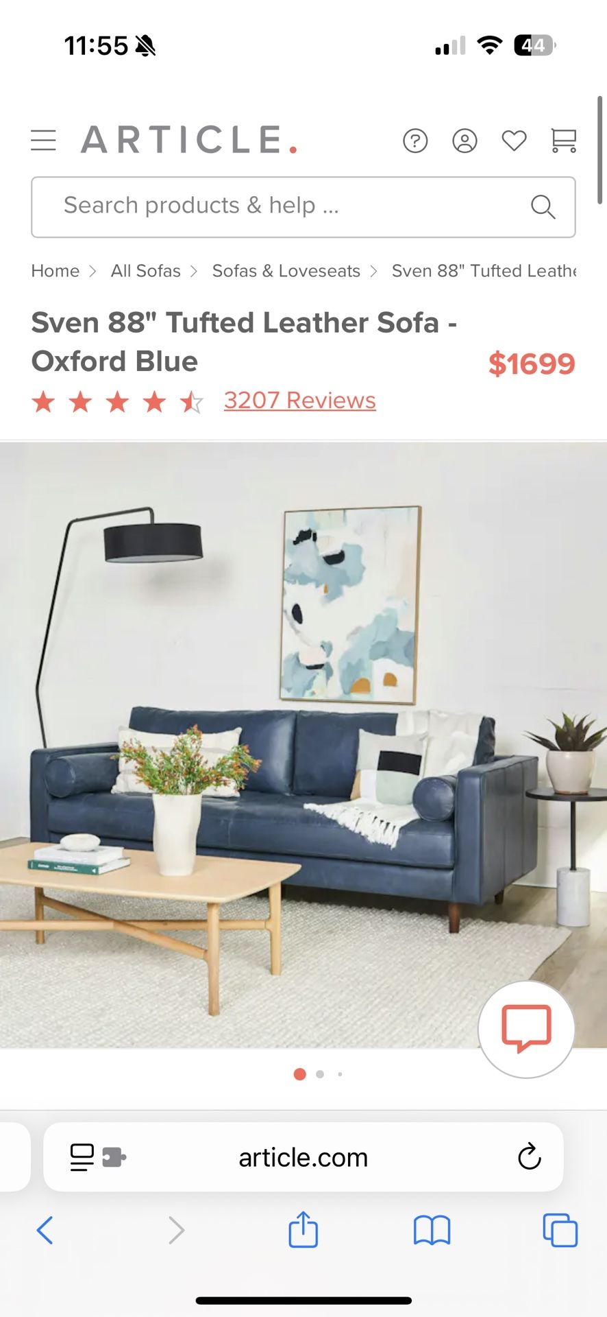 Sven 88" Tufted Leather Sofa - Oxford Blue