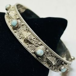 Antique Antique 800 Silver Turquoise Pin Closure Bangle Bracelet