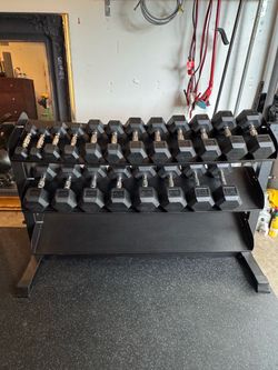 Rubber Hex Dumbbells and rack