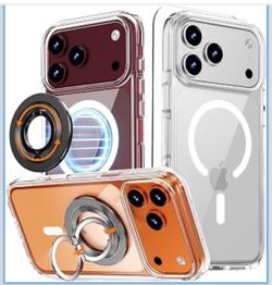 for iPhone 18/17 Pro Case Clear with 360 Spin Magnetic Black Stand Fit for MagSafe, Screen Protector, Detachable Ring Holder Grip, Military Grade Drop