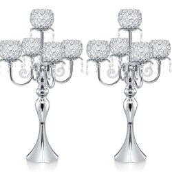 5 Arm Crystal Strap Pendant Silver Table Decor Candelabra Set Of 2, 22.5 Inches Elegant Dining Room Centerpieces For Holiday Parties Weddings