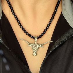 925 Longhorn Pendant 18" Faceted Black Onyx Beads