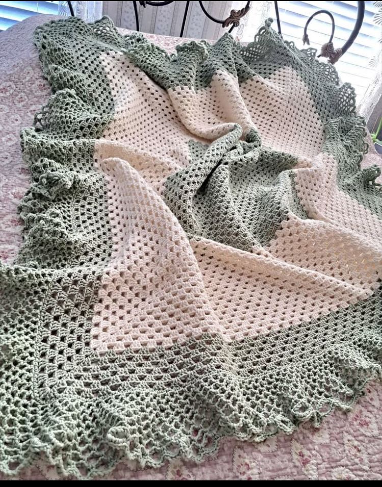 Afghan Hand Crocheted Afghan 68 x 68 Frosty Green & Sugar Cookie with Ruffle Border Smoke Free 68 x 68 100% Acrylic machine wash/dry. BERNAT - Sugar C