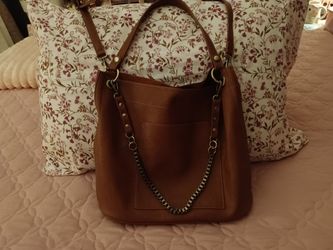 Brown Leather Tote Bag with Chain Detail