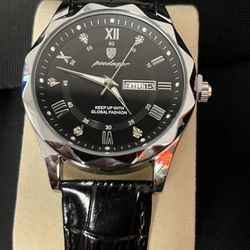 Classy Silver&Black leather Watch 