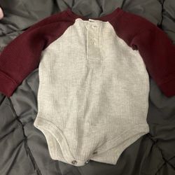 Grey and Burgundy Baby Boy Long Sleeve Onesie Size 0-3 Months  