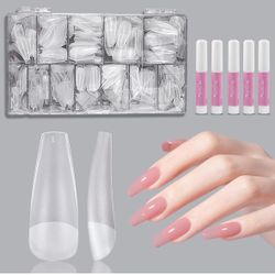 Long Coffin Nails Tips 500pcs with Nail Glue Clear For Acrylic Nails tClear Press On 10 sizes