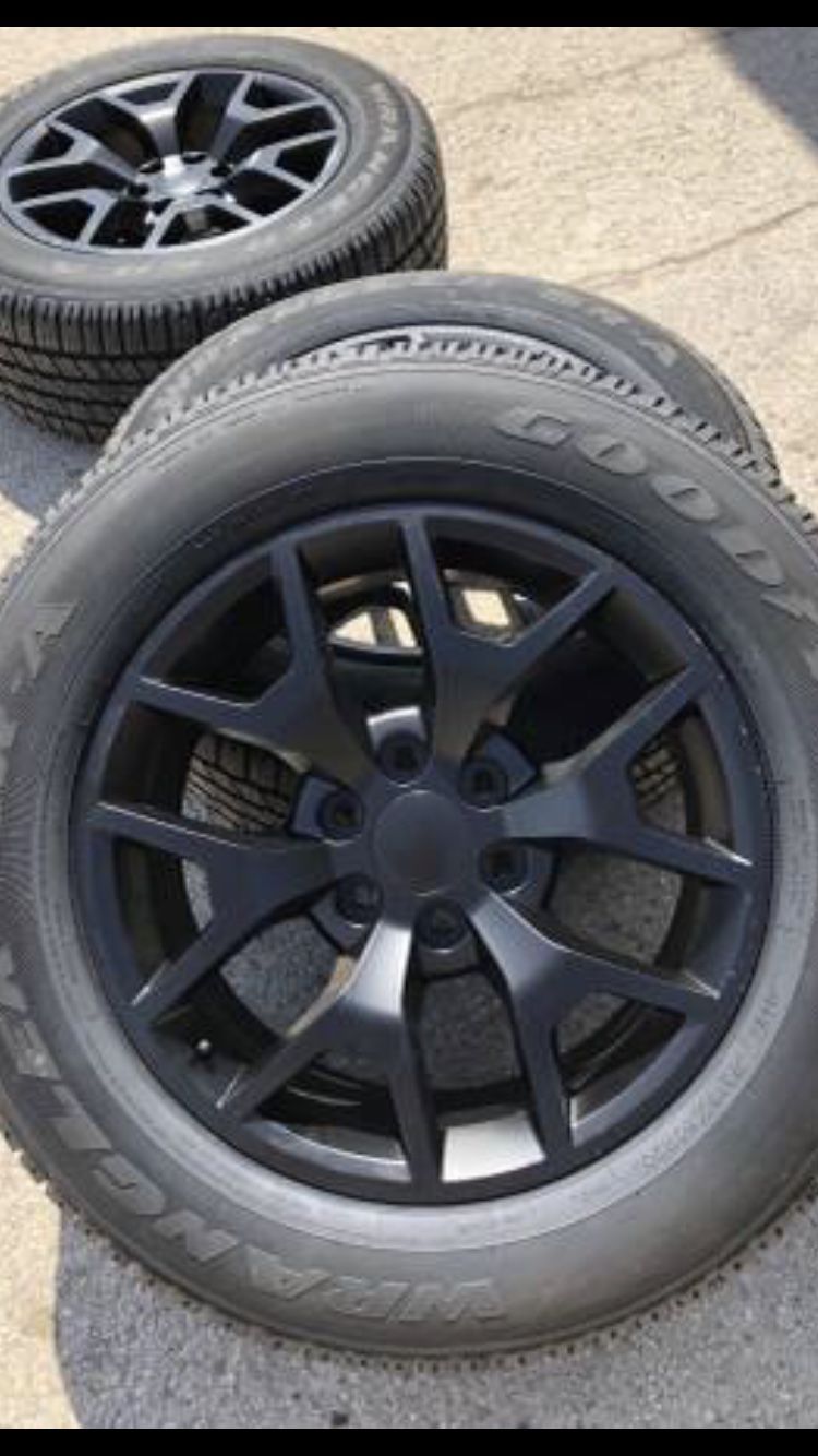 For sale or trade 20” black HoneyComb Rims and tires for sale. 6 lug Chevrolet Silverado Tahoe , Avalanche , GMC Sierra , Yukon Denali and Cadillac
