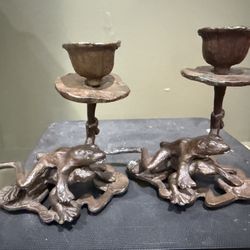 Set Of Two Bronzed Iron Frog Candle Holders 
