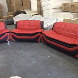 Red Leather Three Piece Couch Set 