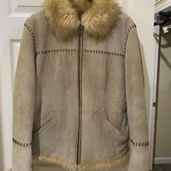 Cream Leather Jacket/Coat Size L