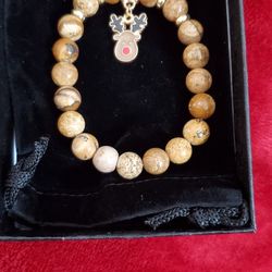 Macy's Gold Plated Natural Stone Beads Reindeer Charm Stretch Bracelet