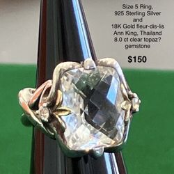 Size 5 Ring, Ann King, 925 Sterling Silver and 18K Gold fluer-dis-lis, clear topaz? stone