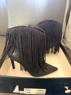 Black Rhinestone Fringe Stiletto Ankle Boots