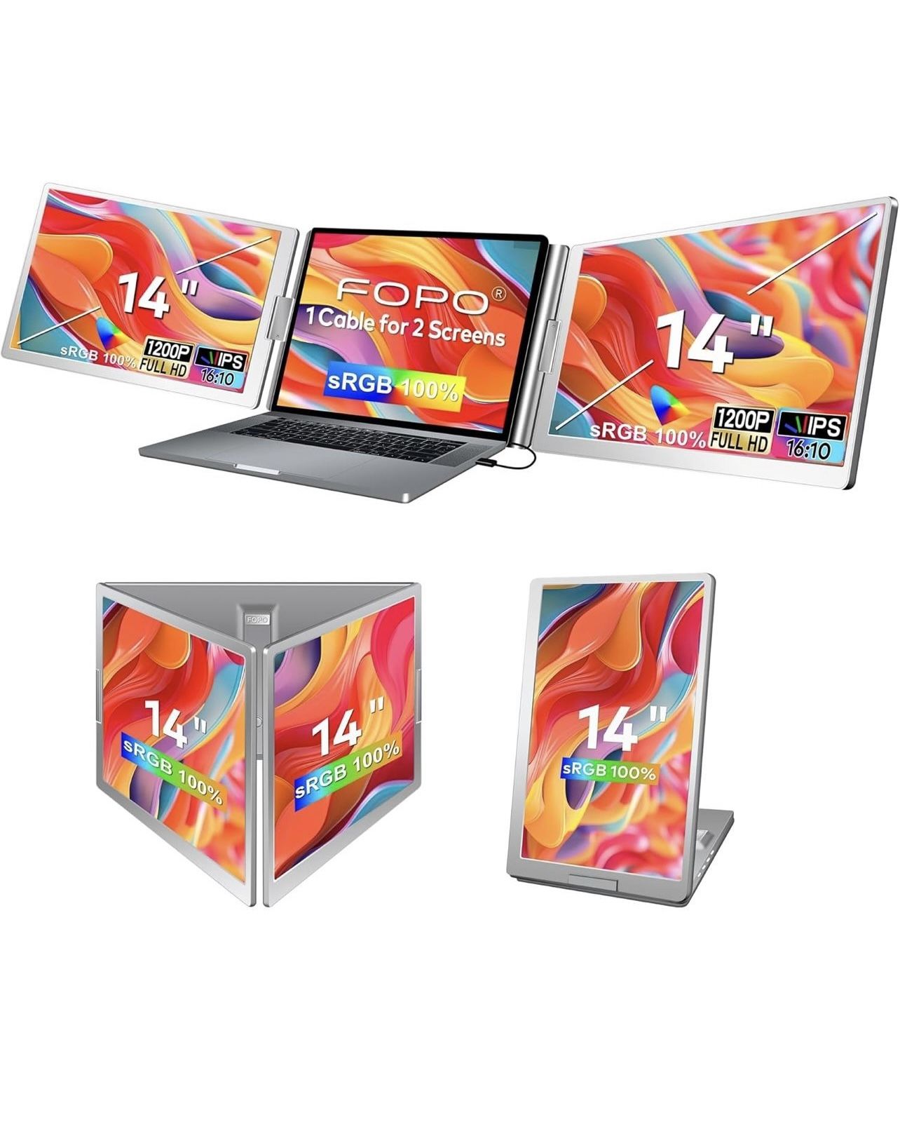 FOPO 14" Laptop Screen Extender Triple Monitor Laptop Extender [1 Cable for Dual Monitor] 1200P FHD 360° Rotation Screen Portable Monitor for 13-17" L