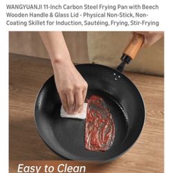 WANGYUANJI 11-Inch Carbon Steel Frying Pan with Beech Wooden Handle & Glass Lid - Physical Non-Stick