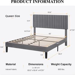 Queen Upholstered Platform Bed Frame with Vertical Channel Tufted Velvet Fabric Adjustable Headboard, Wooden Slats Support, Mattress Foundation, Box S