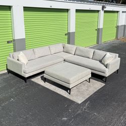 Modern West Elm 4-Piece Sectional Couch with Matching Ottoman 