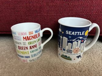 Seattle mugs, Sodo, Magnolia, Ballard, Queen Anne, West Seattle, Lake Union, $25 each
