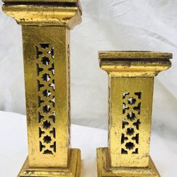 1980s Hand-Made Gilt Tole Candlesticks & Candles 
