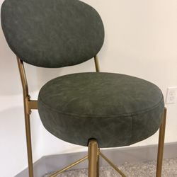 Set of 2 Upholstered Bar Stools — 29” Seat Height, Green/Gold, Faux Leather/Velvet