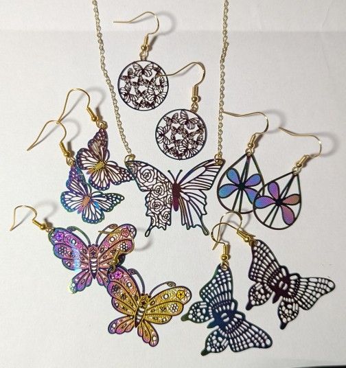 $5 For Earrings $4 For Necklace Iridescent Butterfly Moth Homemade