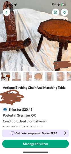 Antique Birthing Chair And Matching Table