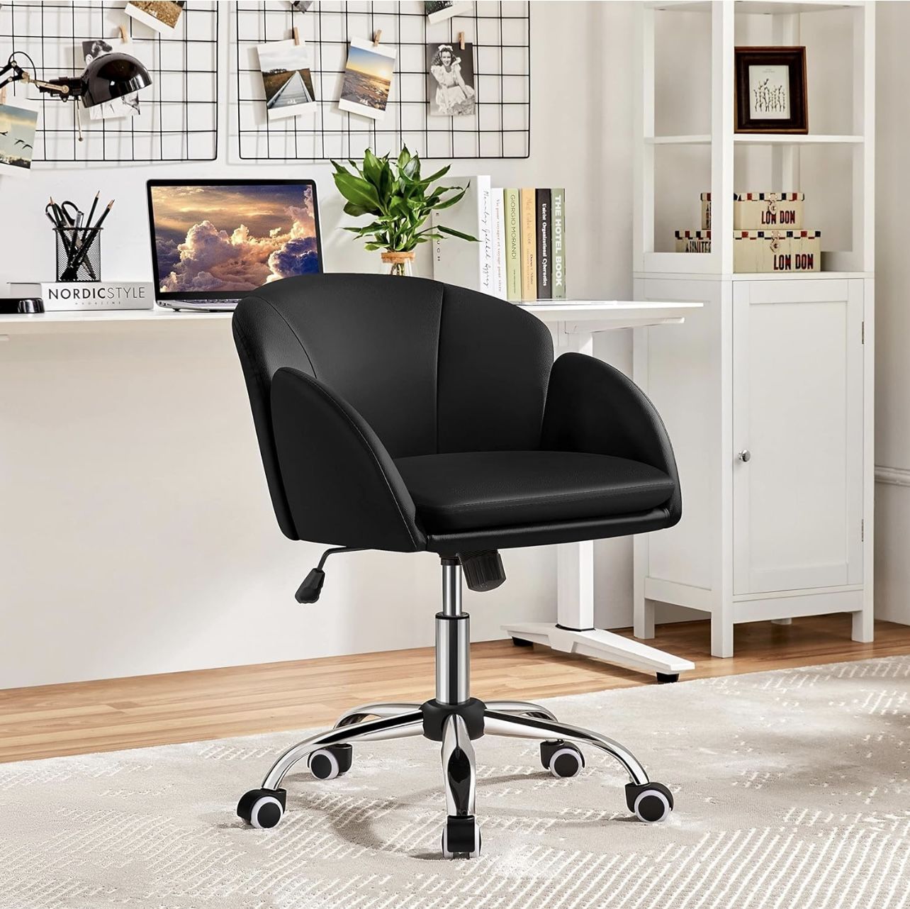 Cute Petal Desk Chair Home Office Swivel Upholstered Leather Makeup Vanity Desk Chair with Armrests for Bedroom Modern Computer Rolling Chair for Wome