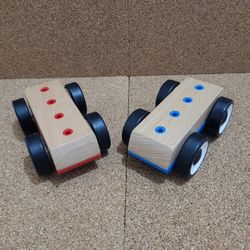 ikea Lillabo Car Train Lot of 2 Wooden/Plastic Red/Blue Vintage Kids Toys.