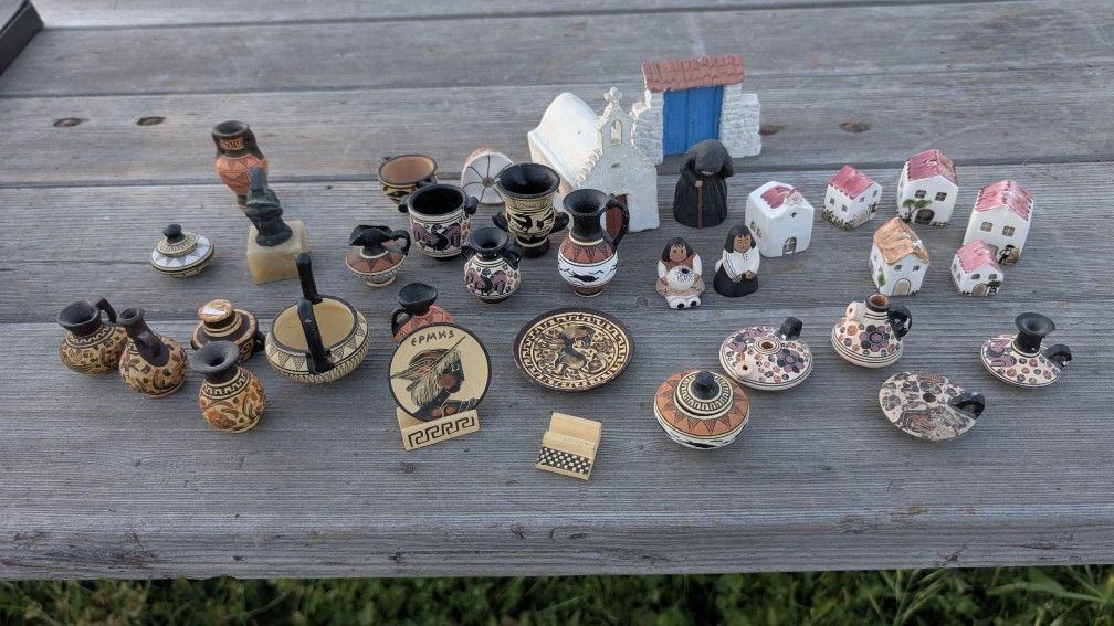 Lot of 36 Miniature Greek & Native-Inspired Pottery Figurines, Houses, & Artifacts