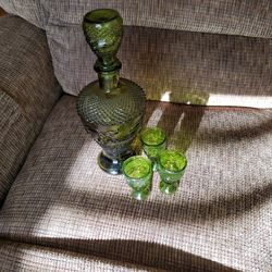Vintage Green Glass Whiskey Decanter With Shot Glasses