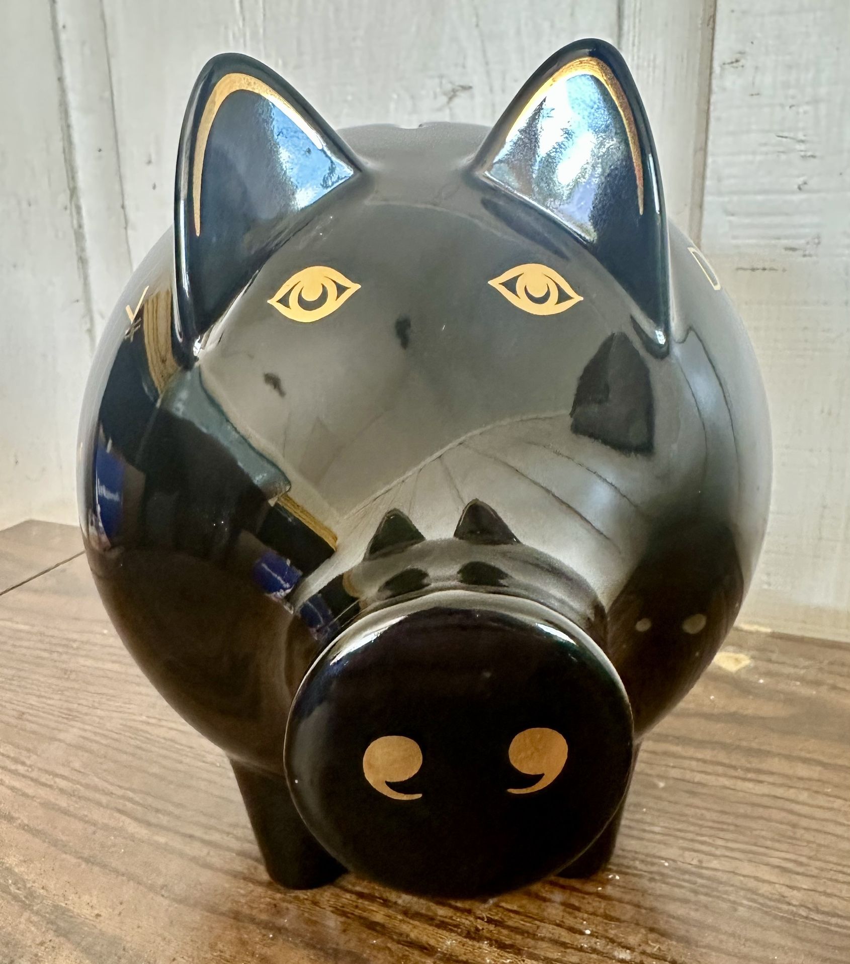 🐖 Vintage Wächtersbach West Germany Black Ceramic Piggy Bank – Gold Currency Design